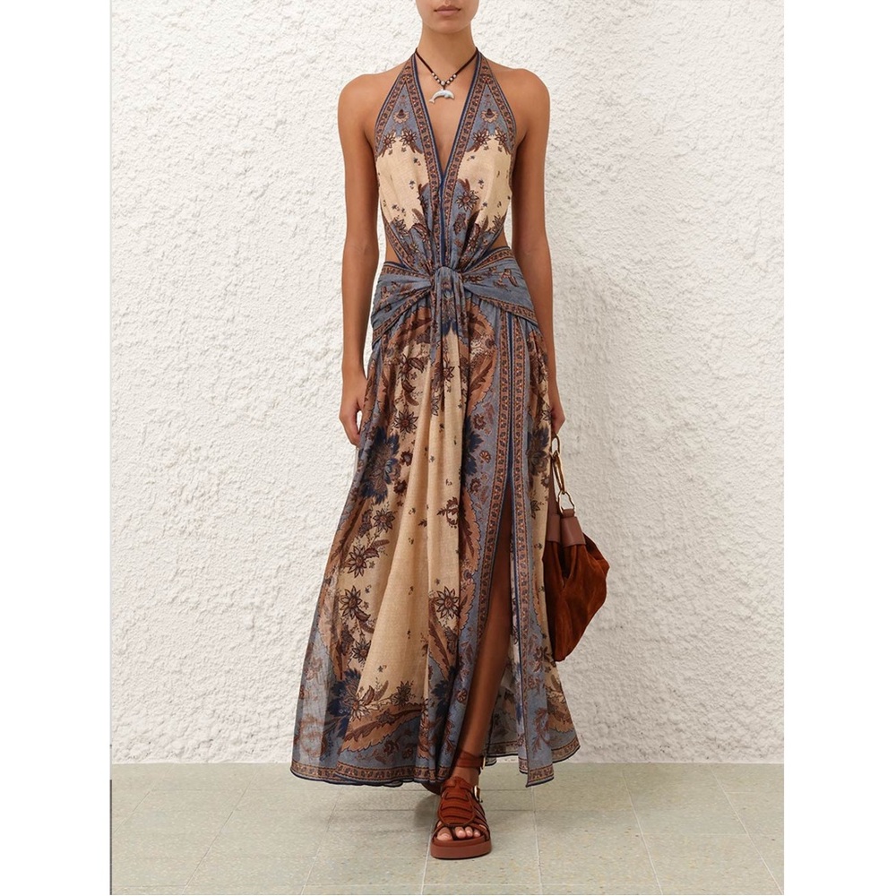 Zimmermann Beige and Blue Paisley Halter Maxi Dress